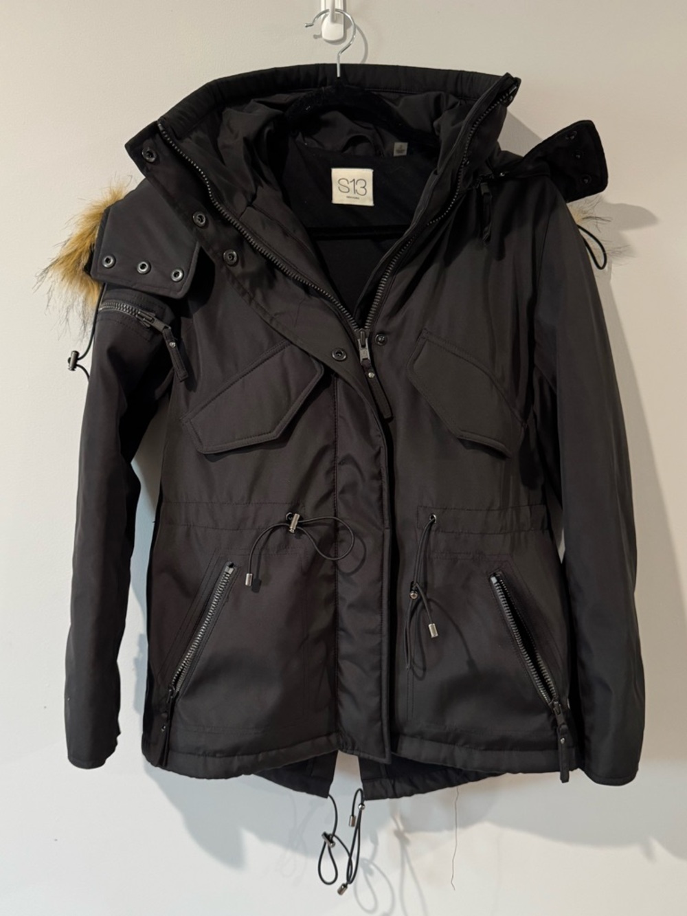 S13 Women's Black Insulated Parka with Removeable Faux Fur Trim Hood